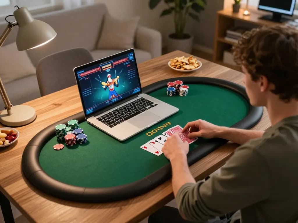 Engaging in online poker strategy with giải mã số học insights on a modern laptop at home.