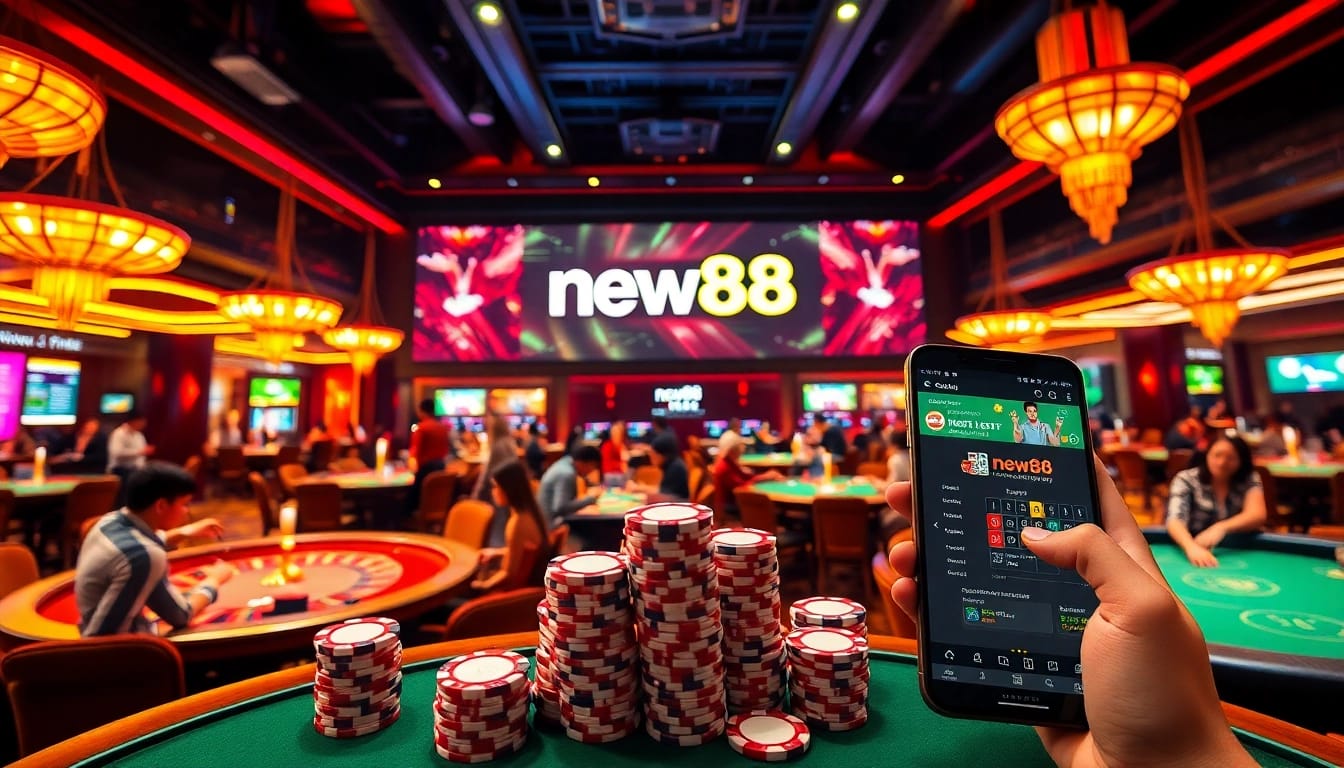 Engaging casino scene highlighting new88 đăng nhập with poker tables and neon lights.