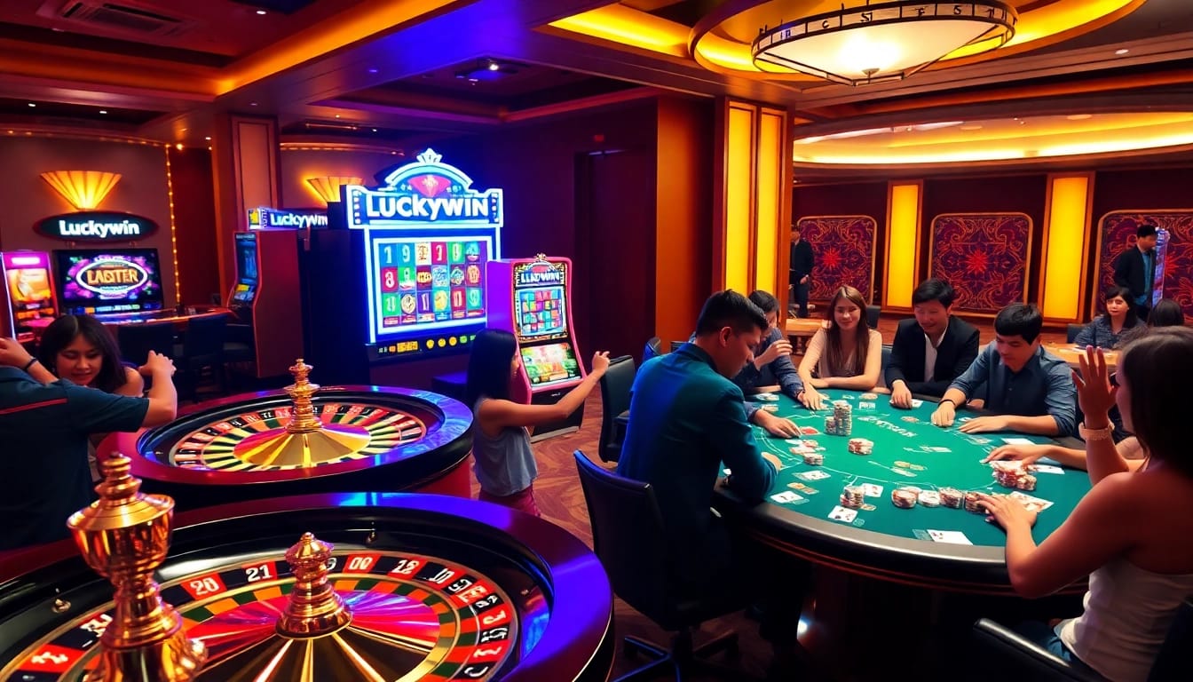 Engaging players at Luckywin casino with vibrant slot machines and roulette wheel excitement.