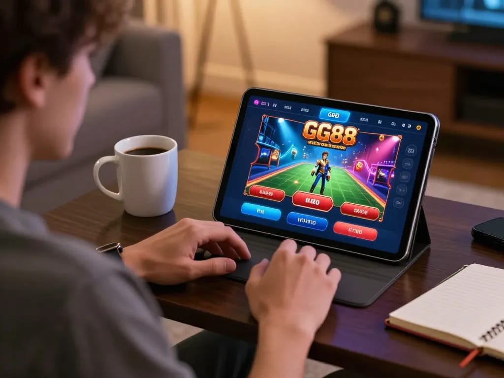 Player engaging with the GG88 casino app on a tablet, showcasing a cozy online gambling experience.