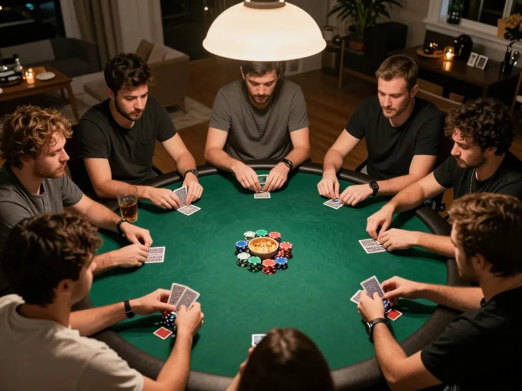 11win poker game night with friends, showcasing strategic gameplay and social interaction in a cozy home.