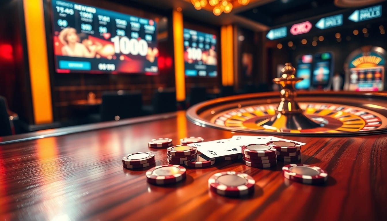 Experience the excitement of new88 đăng nhập at a luxurious online casino, featuring vibrant poker tables and roulette wheels.