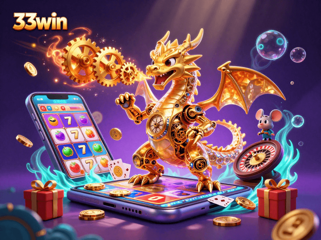 Experience the thrill of 33win as the dragon breathes gold gears amidst vibrant casino elements.
