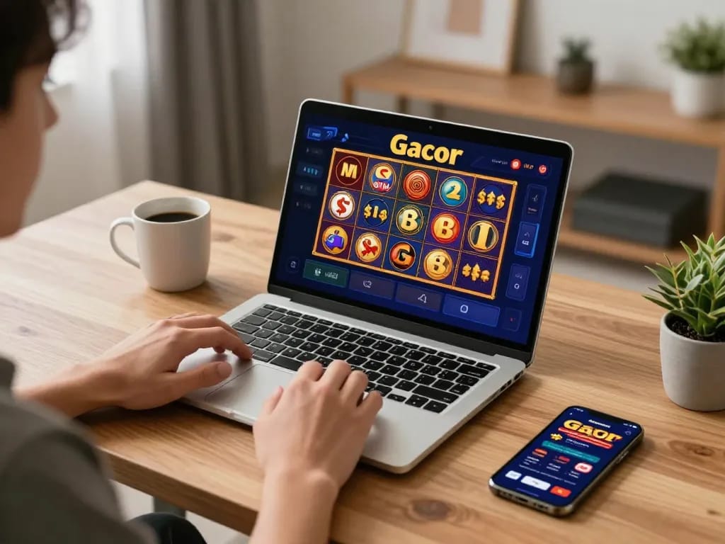 Player enjoying slot gacor game on laptop displaying vibrant graphics in a cozy home setting
