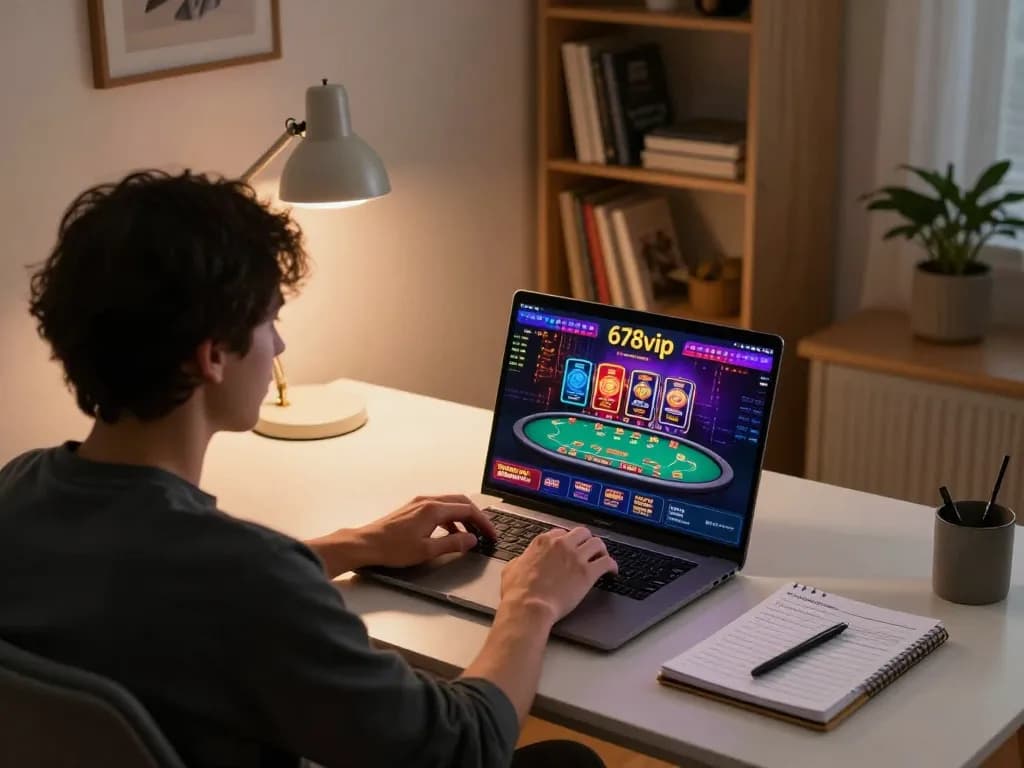 Player engaging with 678vip online casino from home, highlighting a strategic gaming setup.