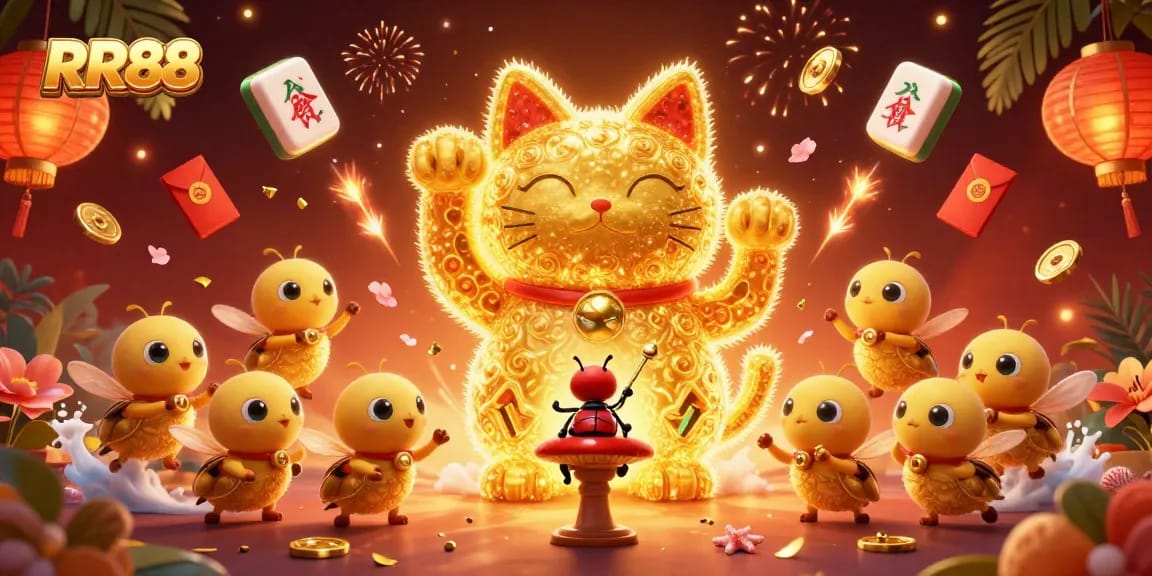 Experience RR88’s delightful lucky cat in a vibrant 3D casino scene, showcasing dynamic symbols.