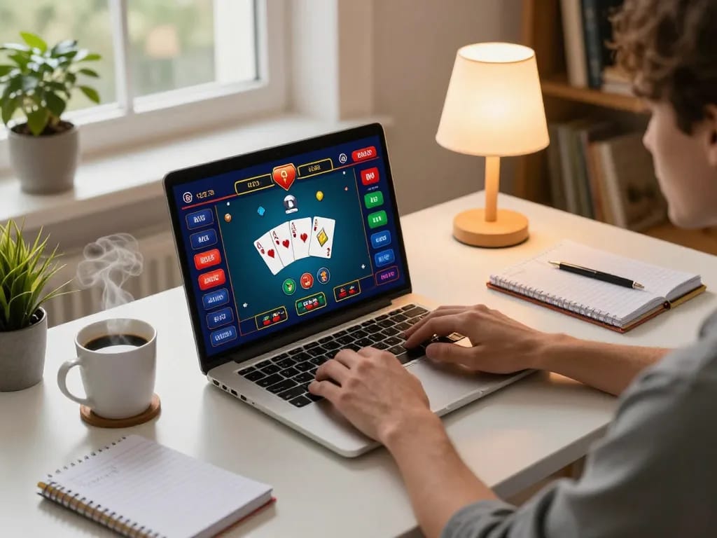 Engaging player using go86vn online casino app on laptop with strategic notes nearby.