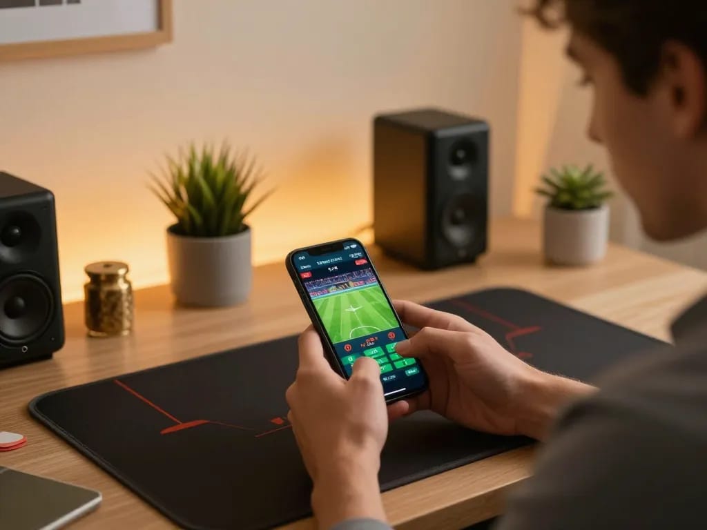 Player engaging with MMOO mobile app for live sports betting in a modern home office