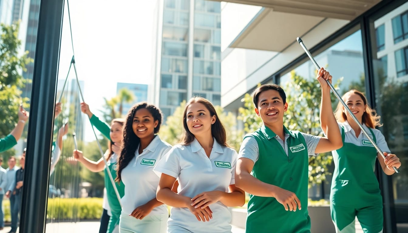 Gebäude mit Herz Team in Aktion beim professionellen Fensterputzen eines modernen Gebäudes.