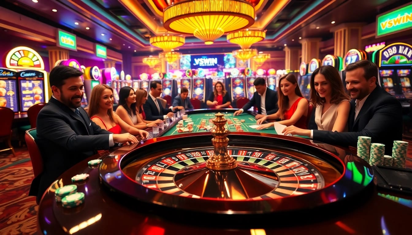 Players enjoy a thrilling roulette game at VSWIN Casino, emphasizing excitement and luxury in gambling.