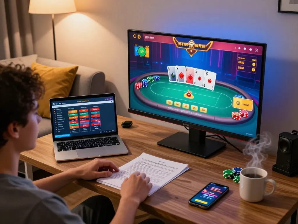 Engaging in online casino gaming with fabet interface displayed on screen and cozy home setting.