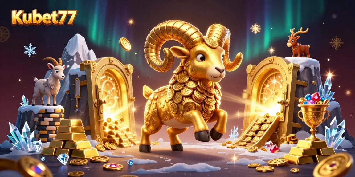 Kubet77 players winning jackpots amid treasure in a vibrant 3D casino scene