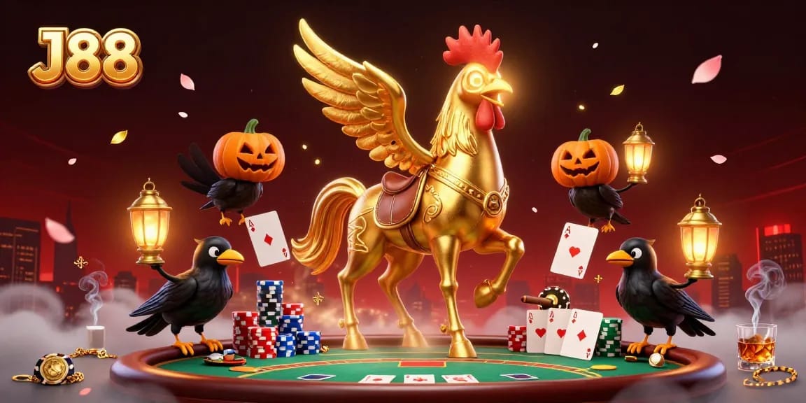 Experience the thrill of J88 gameplay with a vibrant casino scene of a golden rooster at a poker table.