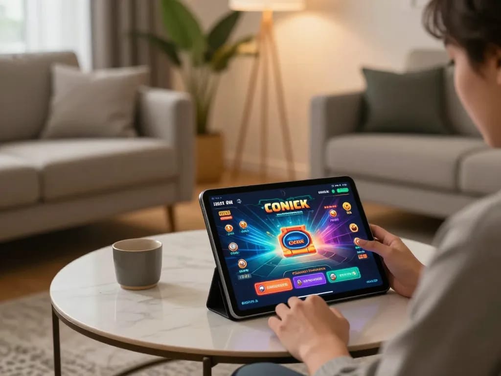 Engaged player exploring games at nhà cái go8 on tablet in cozy home setting, emphasizing strategic online gambling.