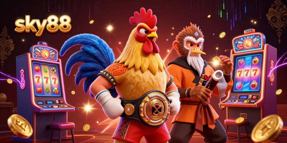 Sky88 features a dynamic illustration with Muay Thai rooster and martial artists engaging in a vibrant casino environment.