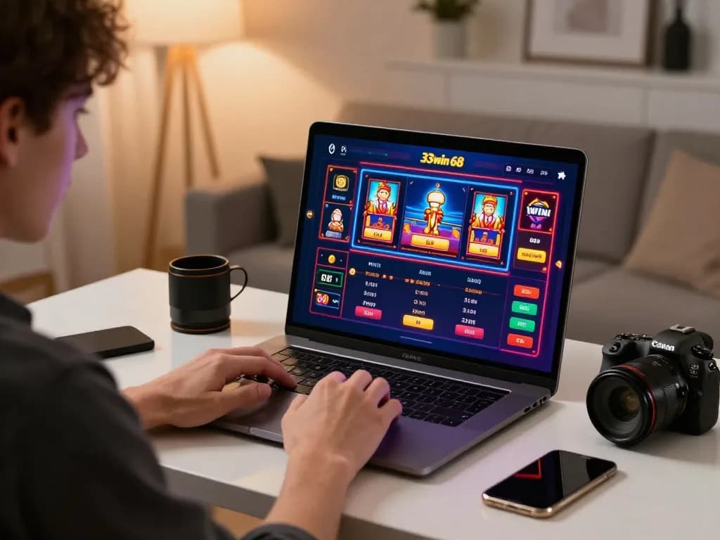 Engaging gameplay on 33win 68 in a stylish home setup with focused player.