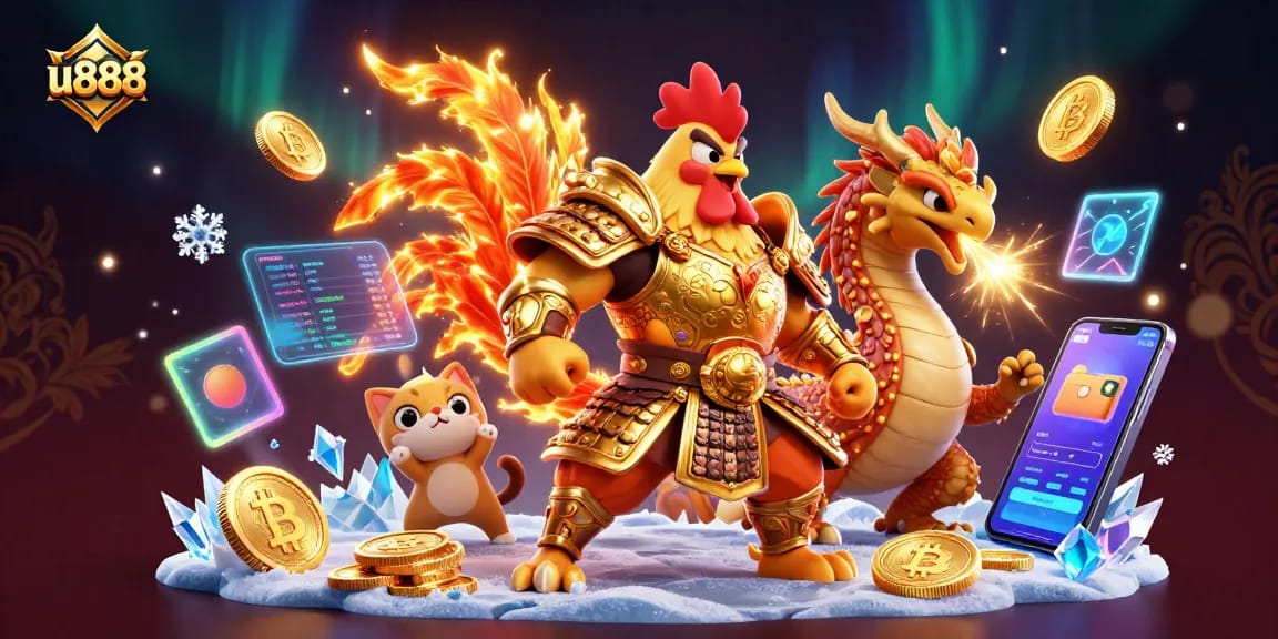 Experience thrilling wins with u888's vibrant gaming scene, featuring a powerful rooster warrior and dynamic gaming elements.