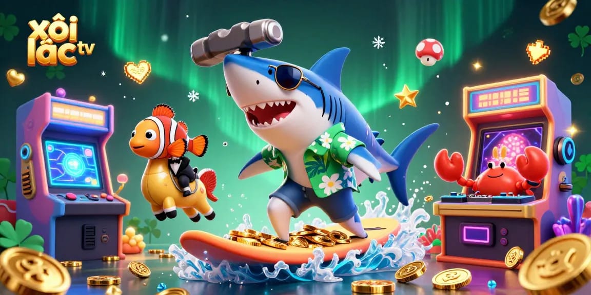 Experience xôi lạc tv through an exciting 3D illustration featuring unique characters on a gold wave.