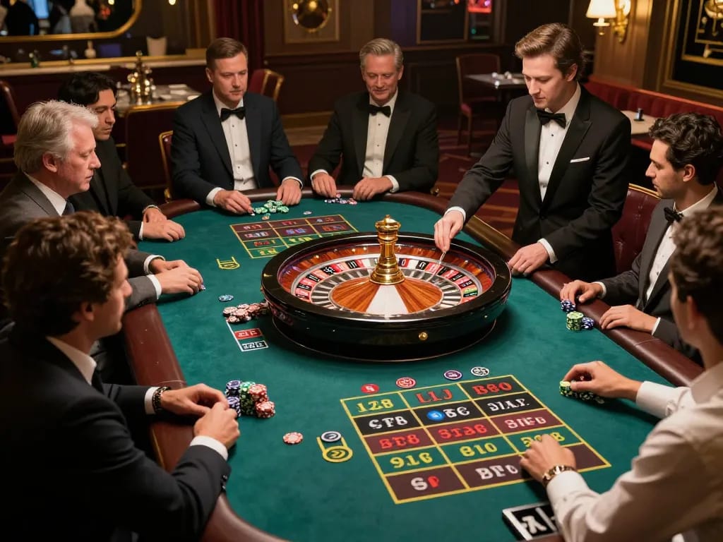 Players enjoying a thrilling roulette game at nk88 casino, showcasing excitement and strategic betting.