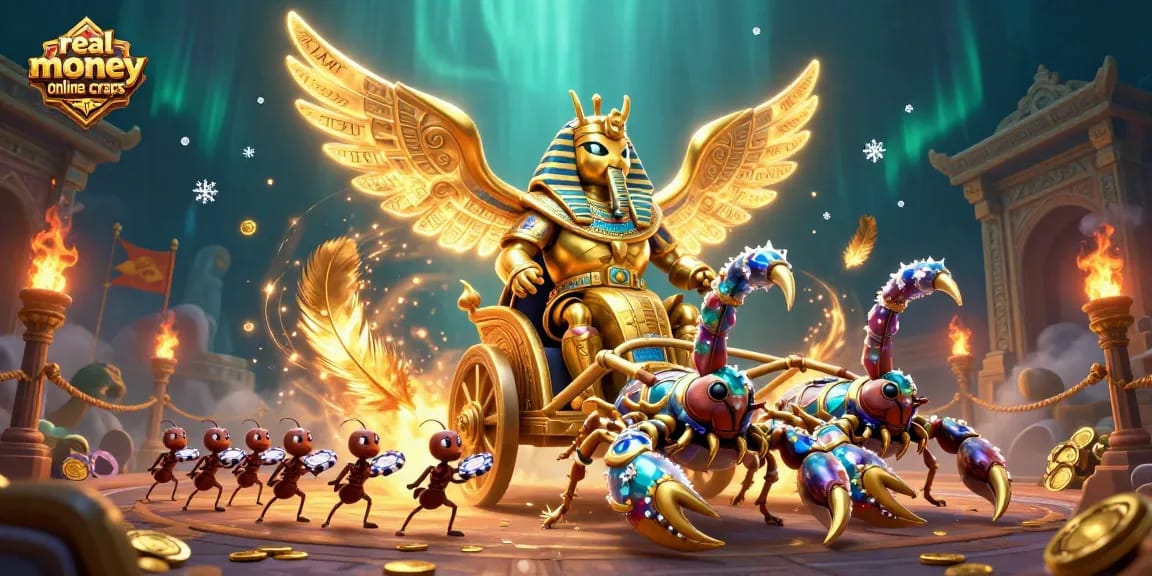 Engage in real money online craps with a stunning 3D scene of a colossal scarab beetle and scorpions.
