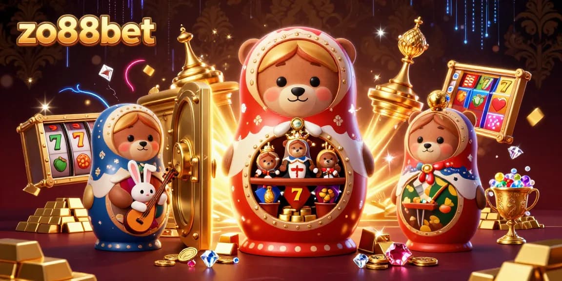 Engage with zo88bet's thrilling casino atmosphere through an energetic 3D scene filled with slot elements and joyful characters.
