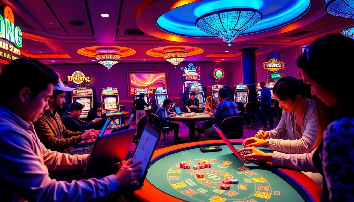 Engaging players in a digital casino setting, focusing on game bài đổi thưởng with vibrant visuals.