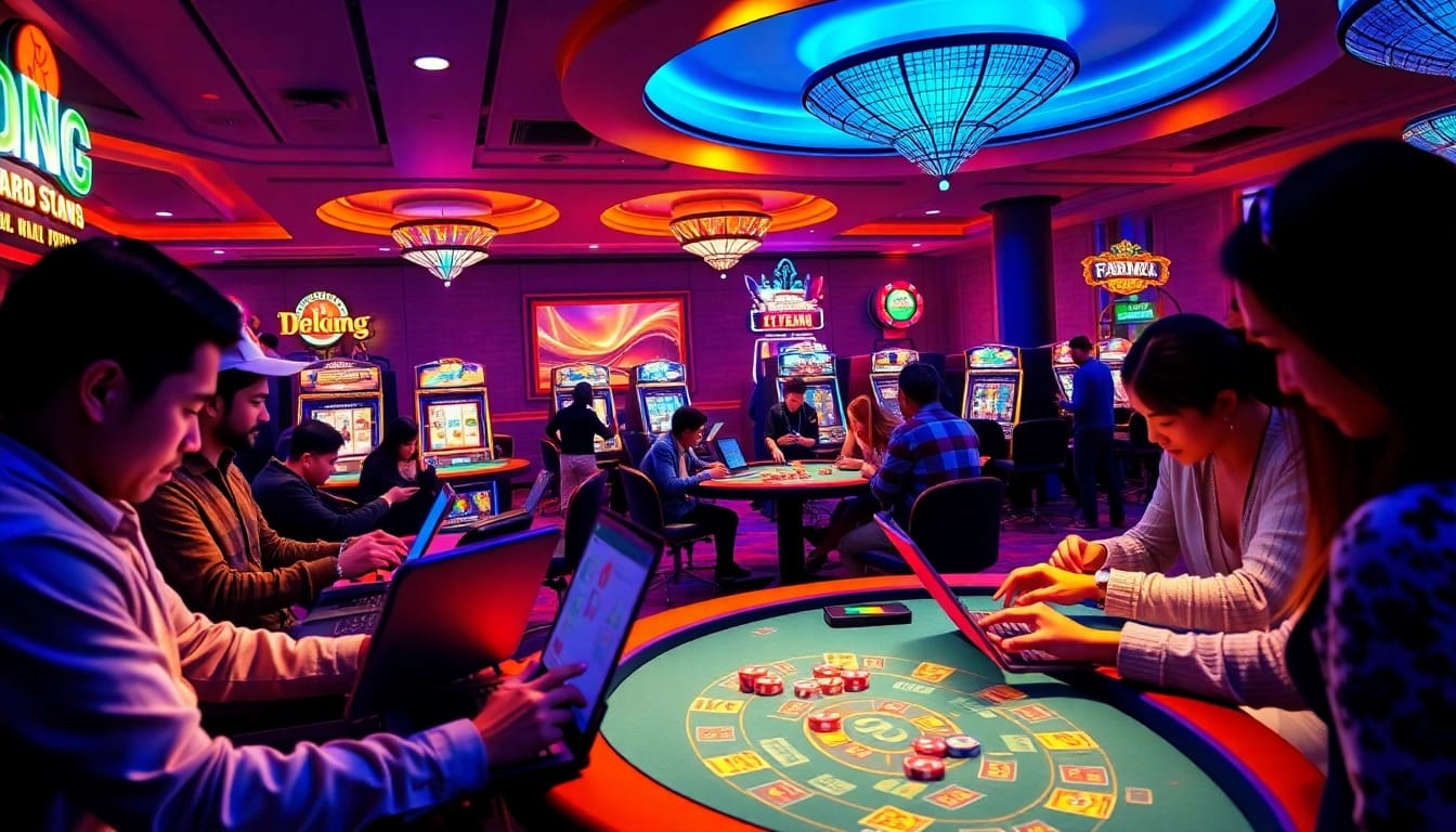 Engaging players in a digital casino setting, focusing on game bài đổi thưởng with vibrant visuals.