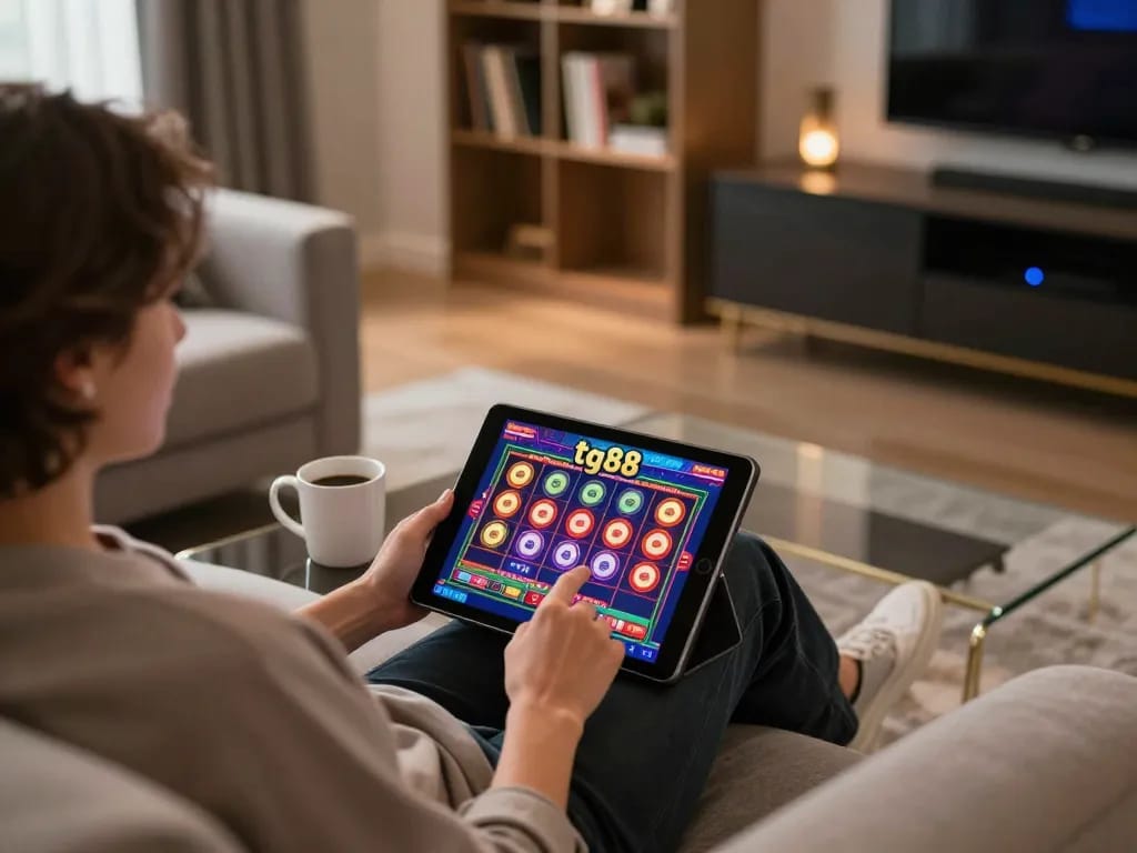 Player enjoying a vibrant slots game on tg88 while relaxing at home, highlighting the gaming experience.