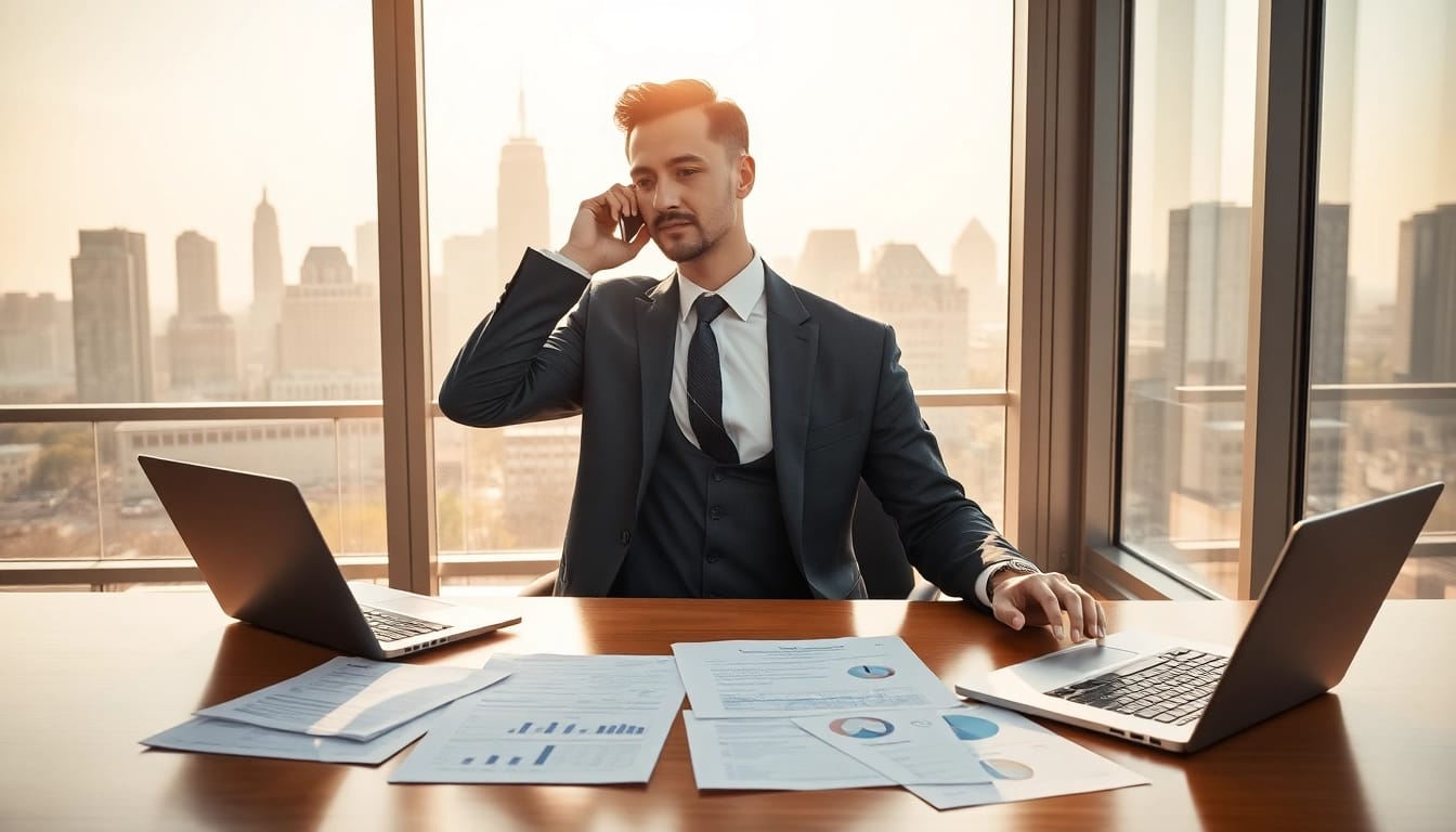Headhunter Vertrieb am Schreibtisch, telefoniert mit Klienten, professionelles Umfeld.