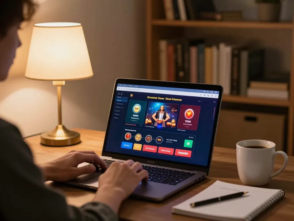 Good88 online gaming session with a user analyzing strategies in a cozy home setting.