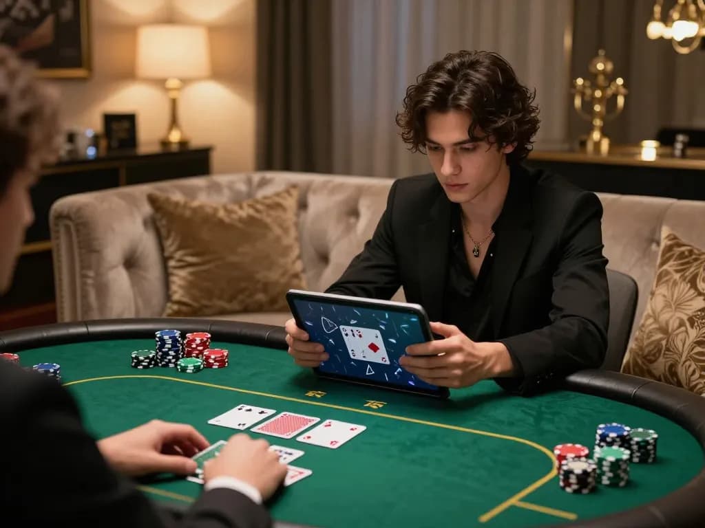 Sitting on a stylish sofa, player enjoys a sunwin poker game on a tablet with chips and cards in view.
