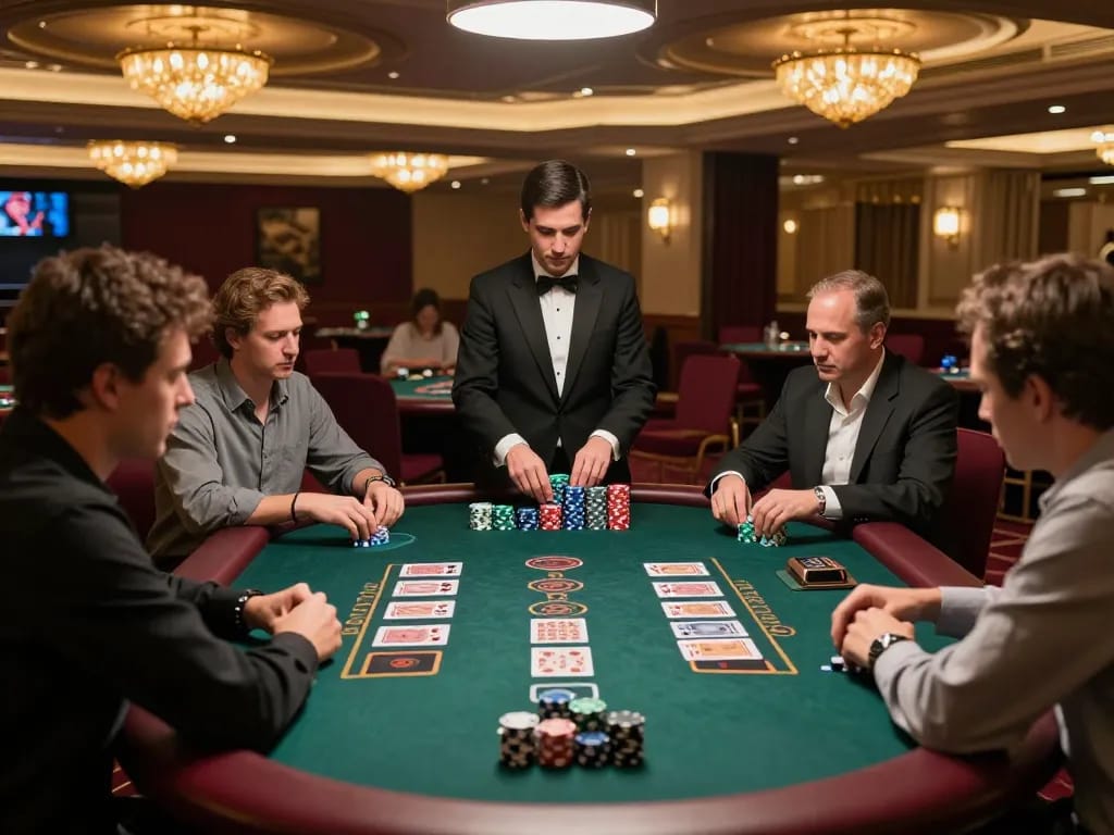 Players strategizing at a 99win blackjack table, enjoying a luxurious casino atmosphere.