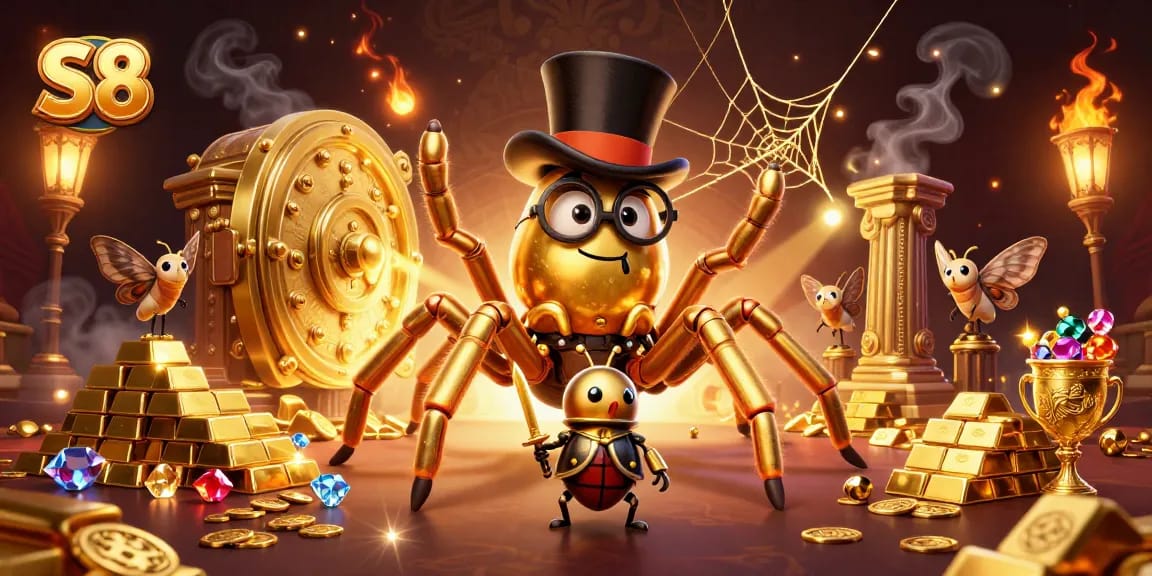 S8 offers a thrilling experience in a vibrant casino world, presenting a bold beetle knight and golden tarantula.