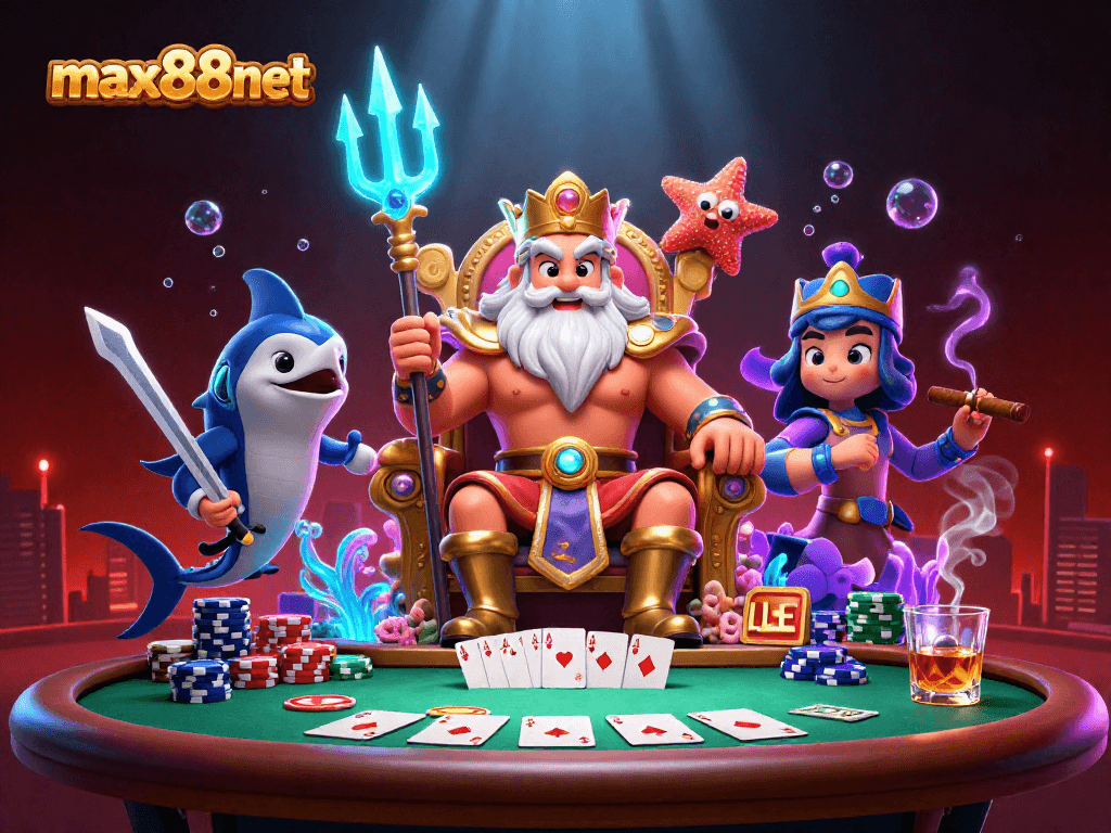 Win big with max88net at a vibrant underwater casino featuring Neptune and poker elements.