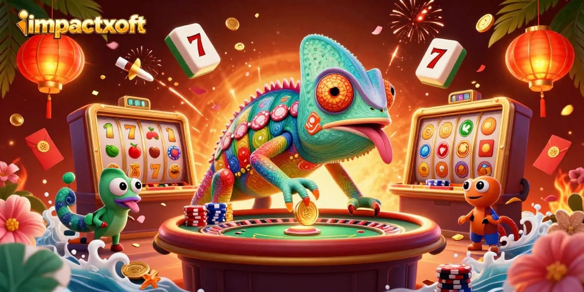 Engage with impactful gaming experiences at impactxoft, a vibrant casino scene featuring colorful chameleon and slot reels.