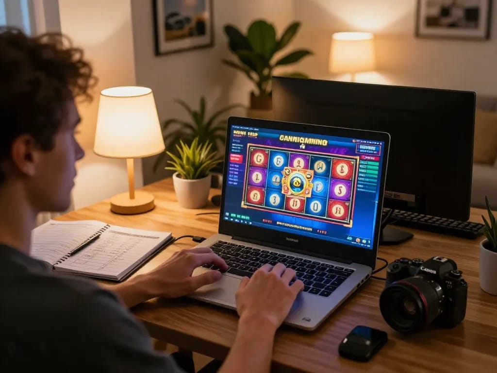 Player engaging in a slot deposit 10000 game on a laptop in a cozy home setup