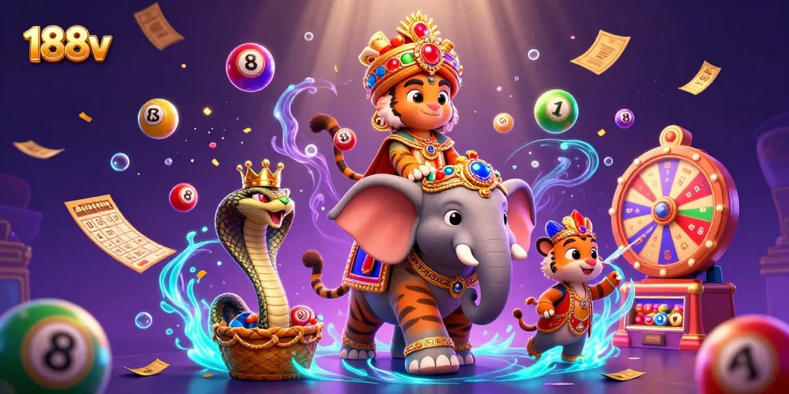 Join the excitement and win with 188v's vibrant lottery and gaming elements in a dynamic 3D scene.