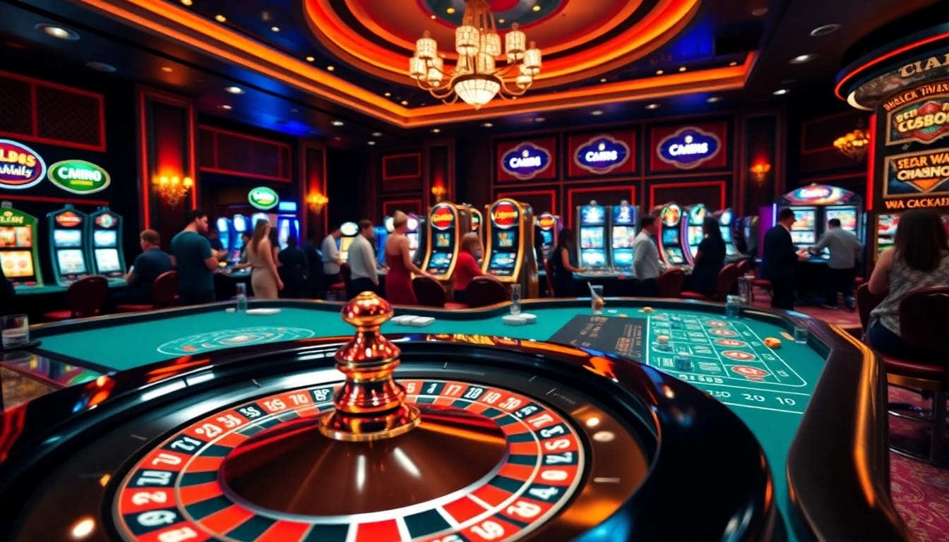 Engaging casino scene with CM88 branding displayed on chips and machines, featuring a lively poker table and roulette wheel.