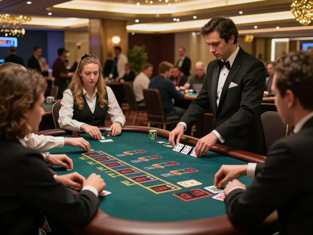 Players engaging in an exciting lc88 live dealer blackjack game in a modern casino environment.
