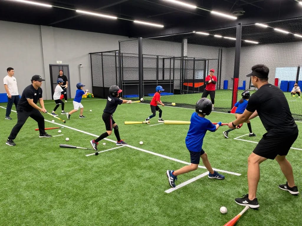 Hitclub baseball training session with young athletes practicing batting and teamwork.