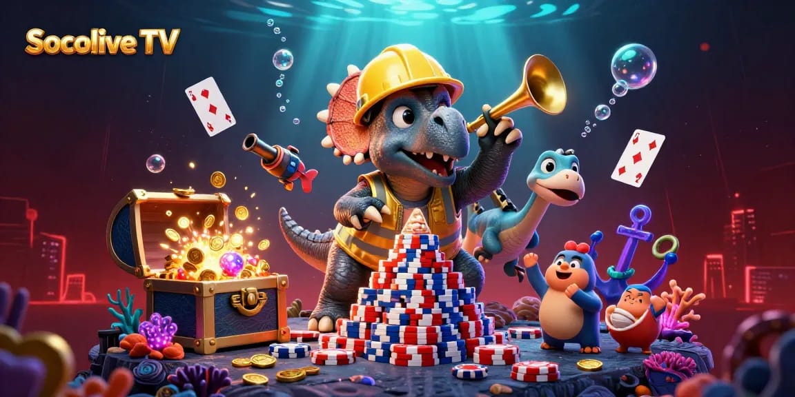 Socolive TV celebrates wins with animated characters enjoying poker chips and vibrant gaming elements.