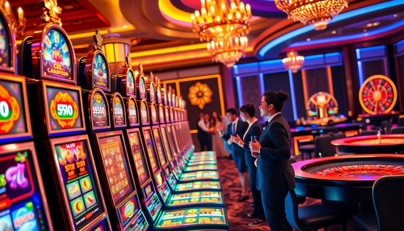 Players enjoying slot machines at a luxurious casino inspired by https://www.superslot365.net/ with vibrant colors and excitement.