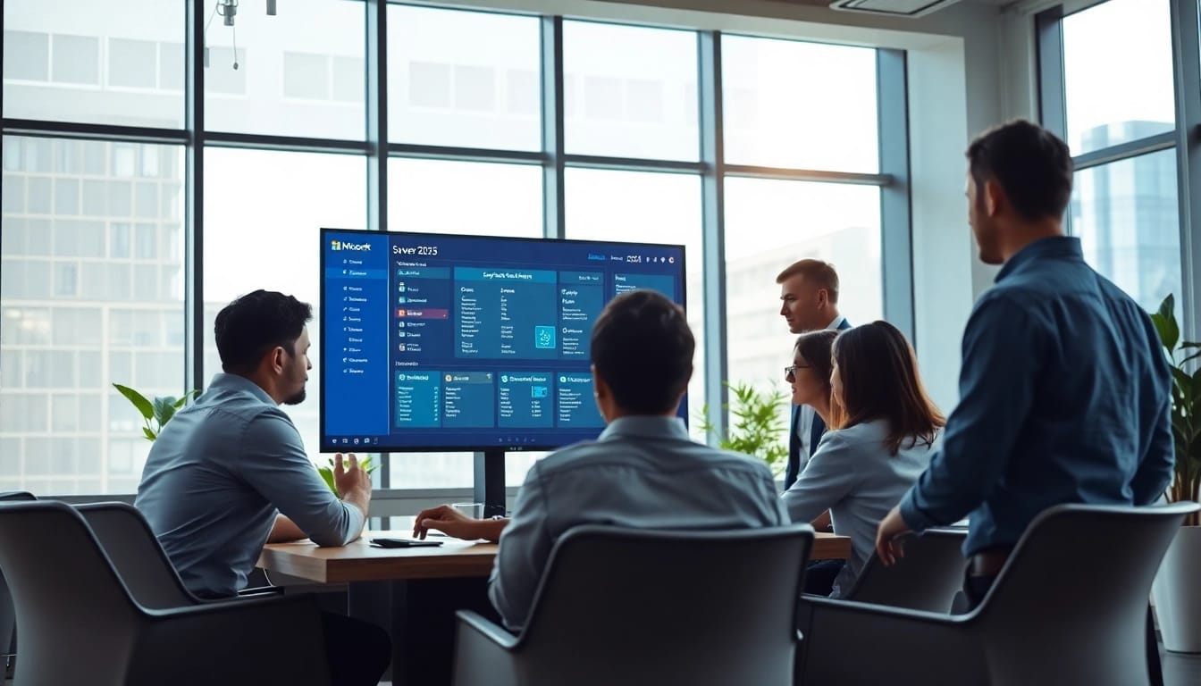 CAL User für Microsoft Server 2025 bei der Teamarbeit an einem digitalen Projekt visualisiert.