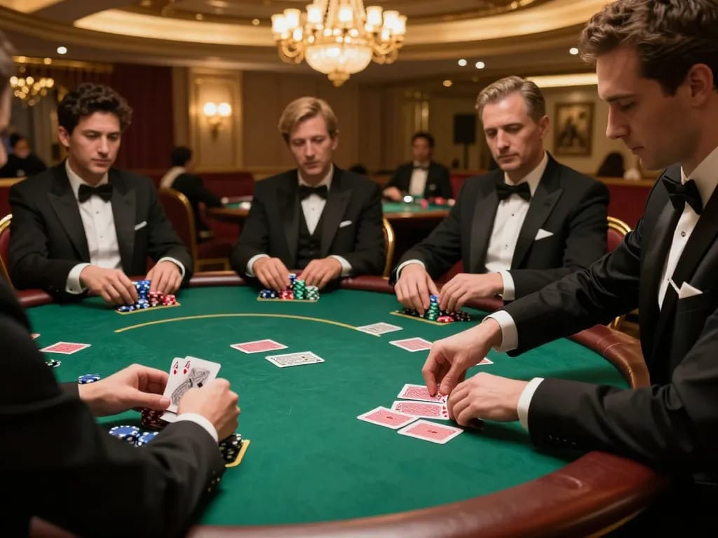 LV88 players enjoying high-stakes poker in a luxurious casino setting, showcasing dynamic gameplay.