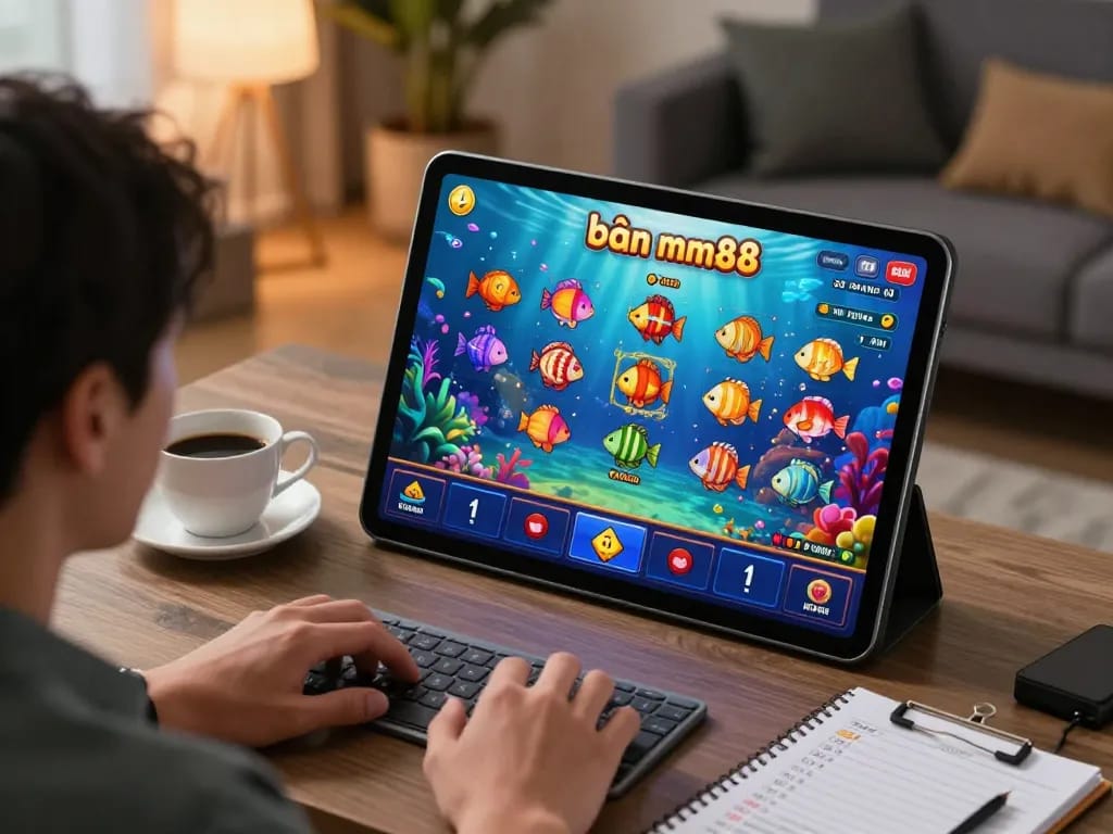 bắn cá mm88 game on tablet showcasing vibrant underwater gameplay in modern living room setting