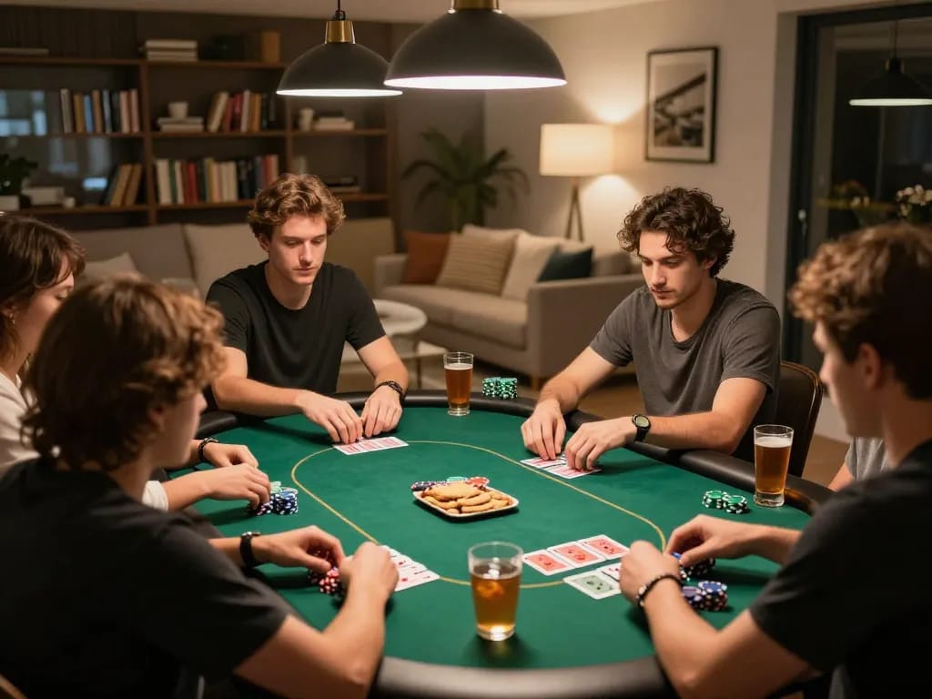 Win88 game in an engaging home poker night with friends, showcasing chips, cards, and drinks