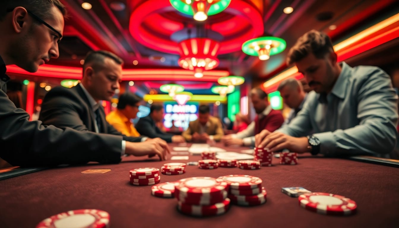 Ragnaro users engage in an intense poker game amid vibrant casino lights.