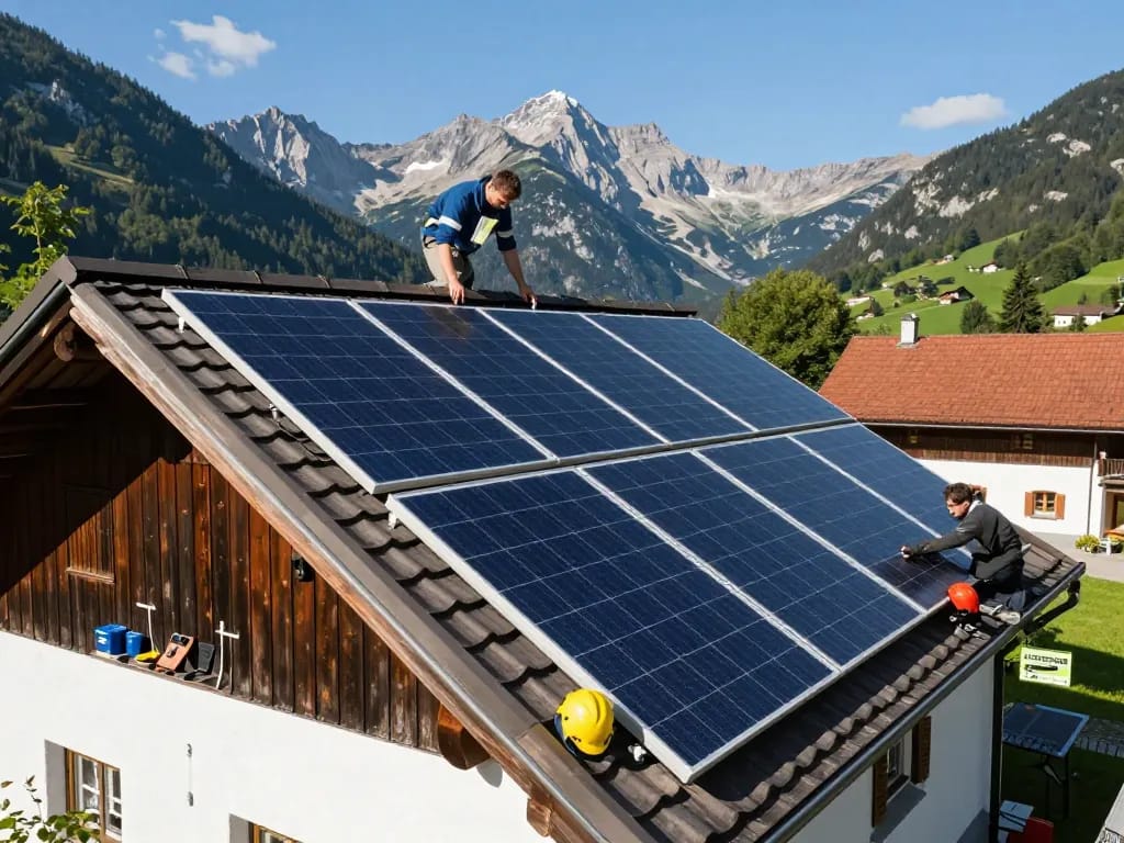 Photovoltaik Bayern Installation mit Solarpanelen auf einem bayerischen Zuhause vor der malerischen Kulisse der Alpen.