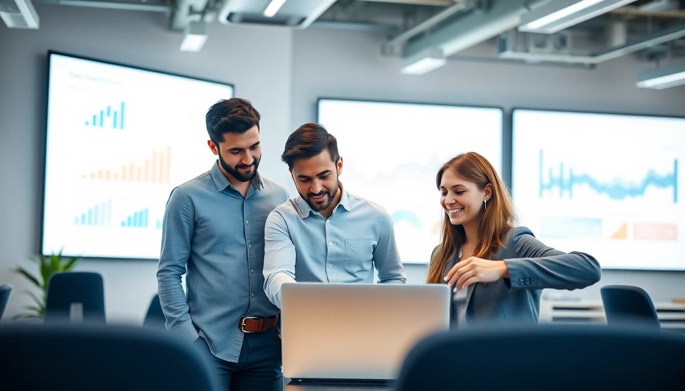 IT-Systemhaus Magdeburg team collaborating in a modern office environment, showcasing teamwork.