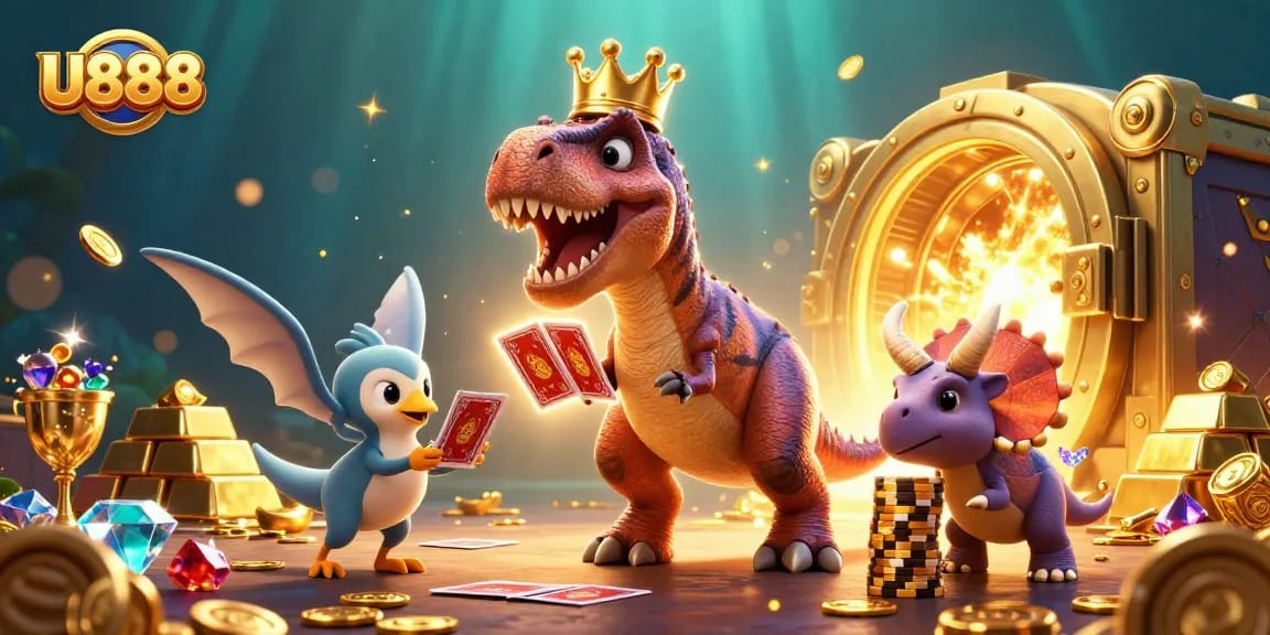Experience the excitement of U888's playful casino adventure with animated dinosaurs stacking gold and cards